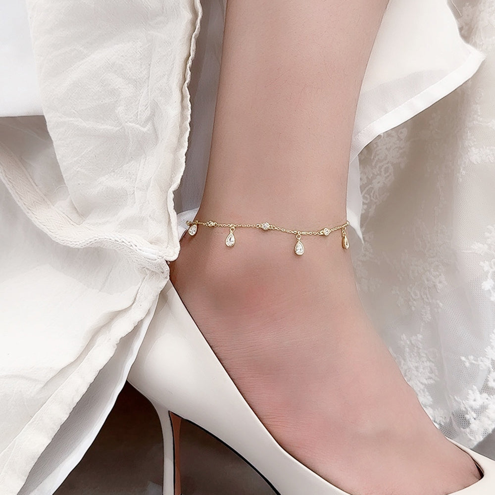 Water Droplets 925 Sterling Silver Zircon Anklet