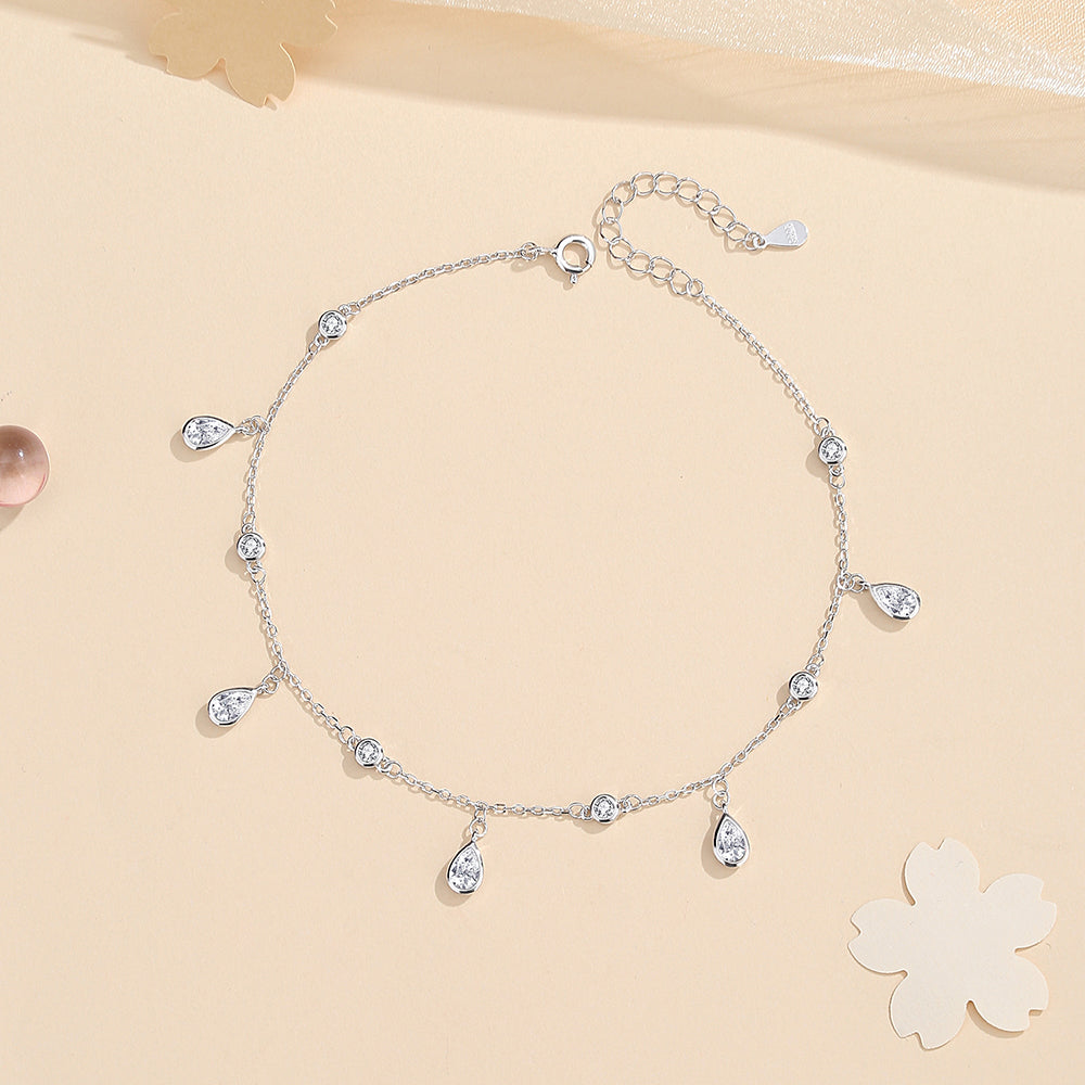 Water Droplets 925 Sterling Silver Zircon Anklet