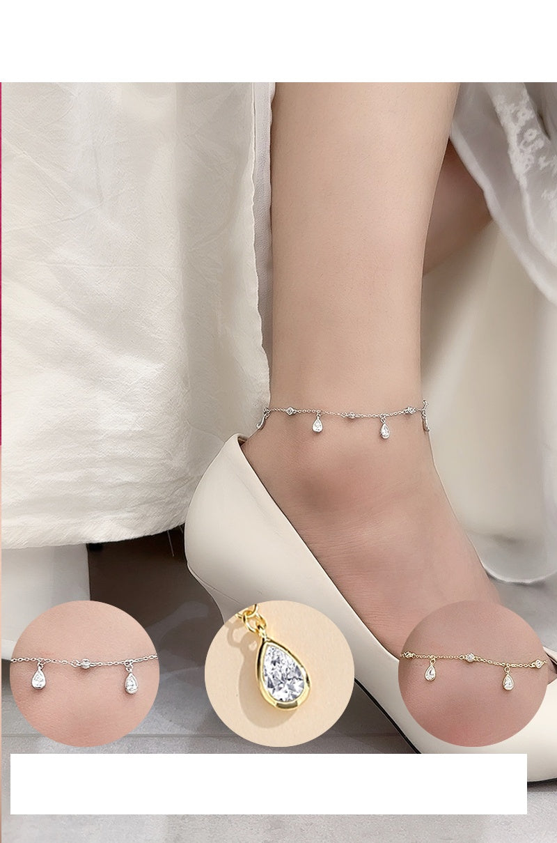 Water Droplets 925 Sterling Silver Zircon Anklet
