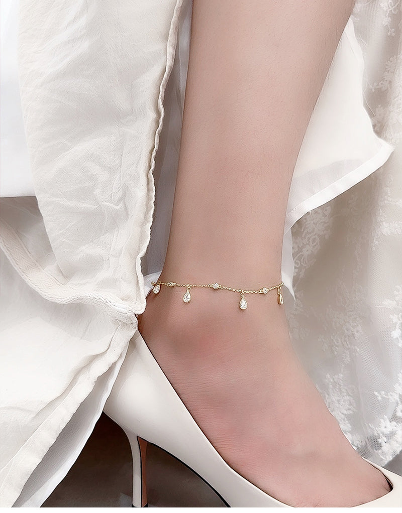 Water Droplets 925 Sterling Silver Zircon Anklet