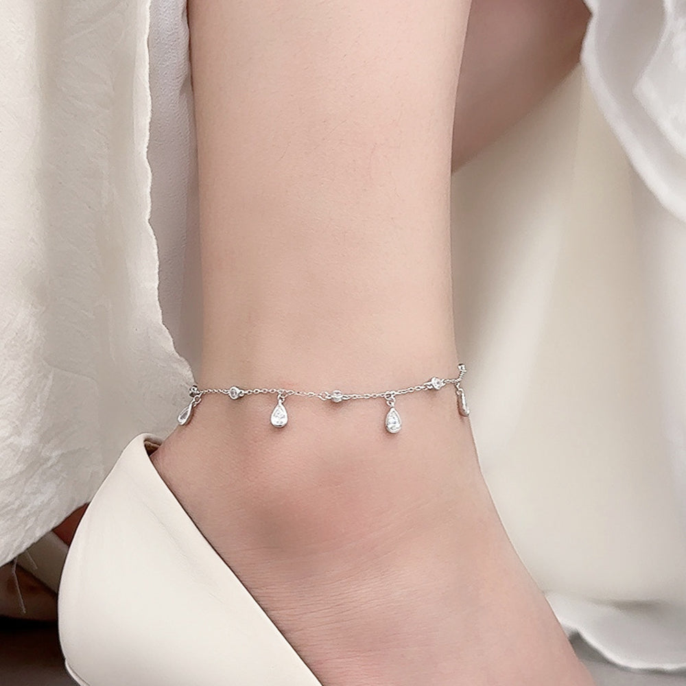 Water Droplets 925 Sterling Silver Zircon Anklet