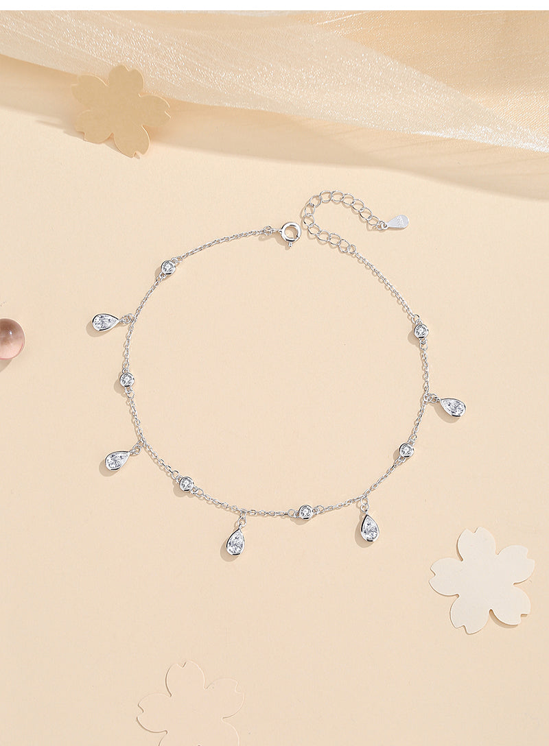 Water Droplets 925 Sterling Silver Zircon Anklet