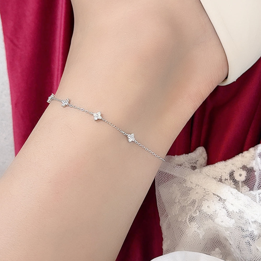 Four Leaf Clover 925 Sterling Silver Zircon Anklet