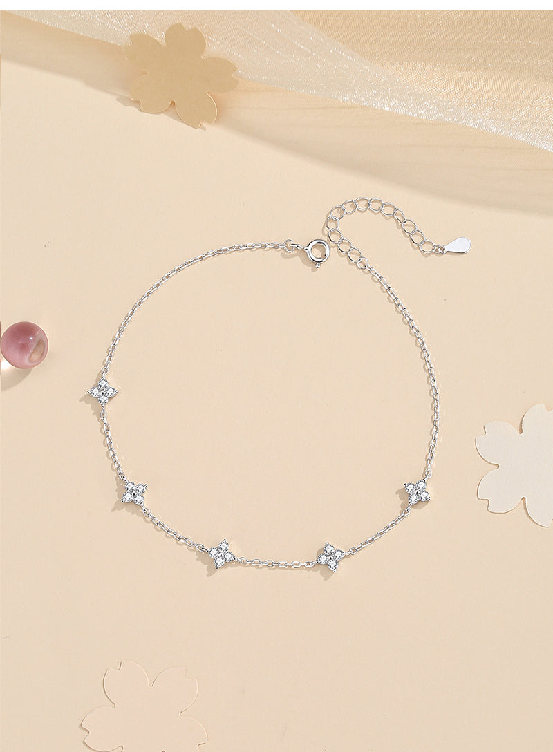 Four Leaf Clover 925 Sterling Silver Zircon Anklet