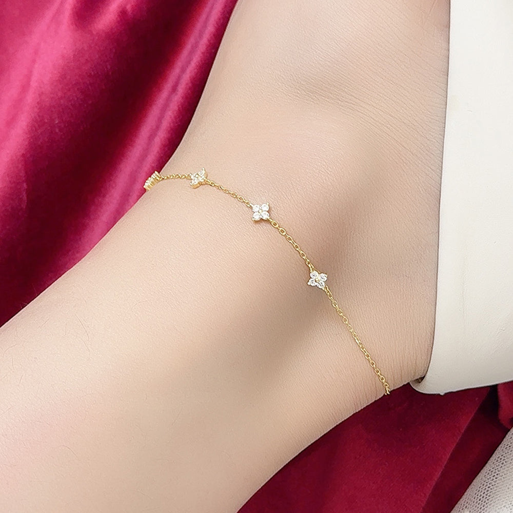 Four Leaf Clover 925 Sterling Silver Zircon Anklet