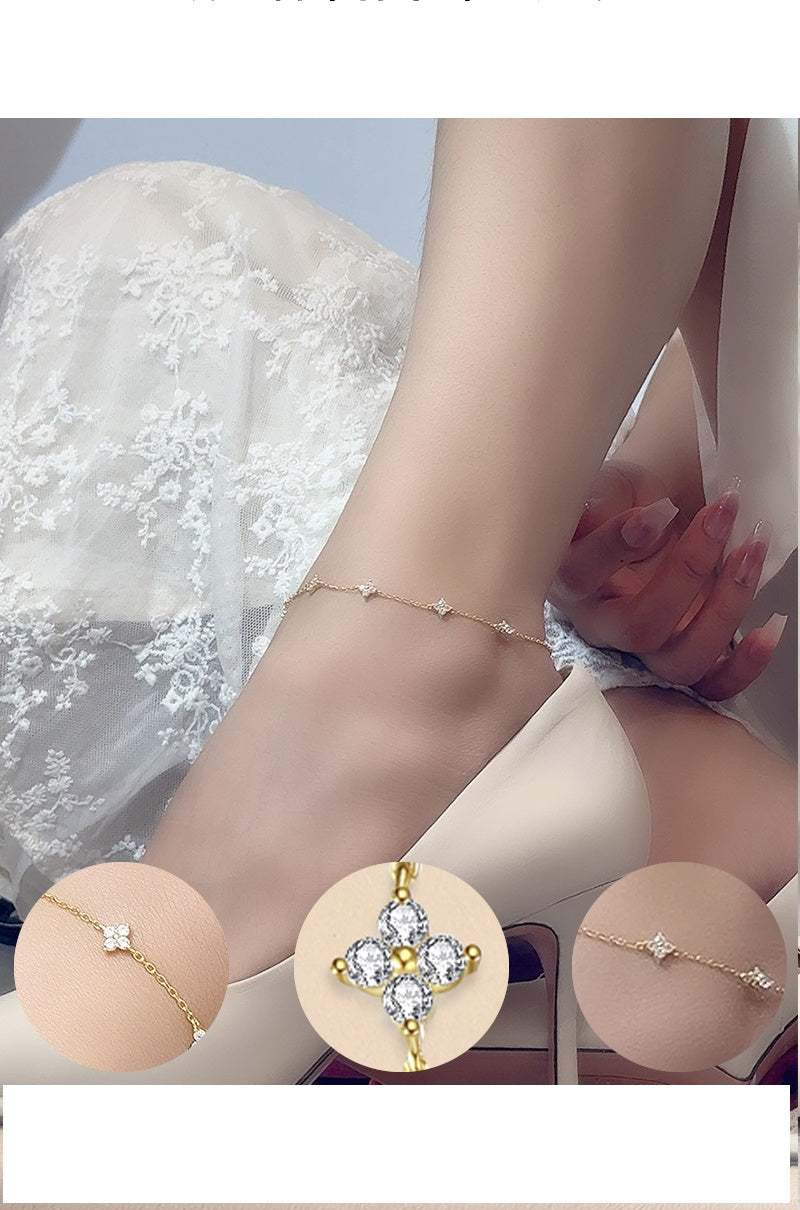 Four Leaf Clover 925 Sterling Silver Zircon Anklet