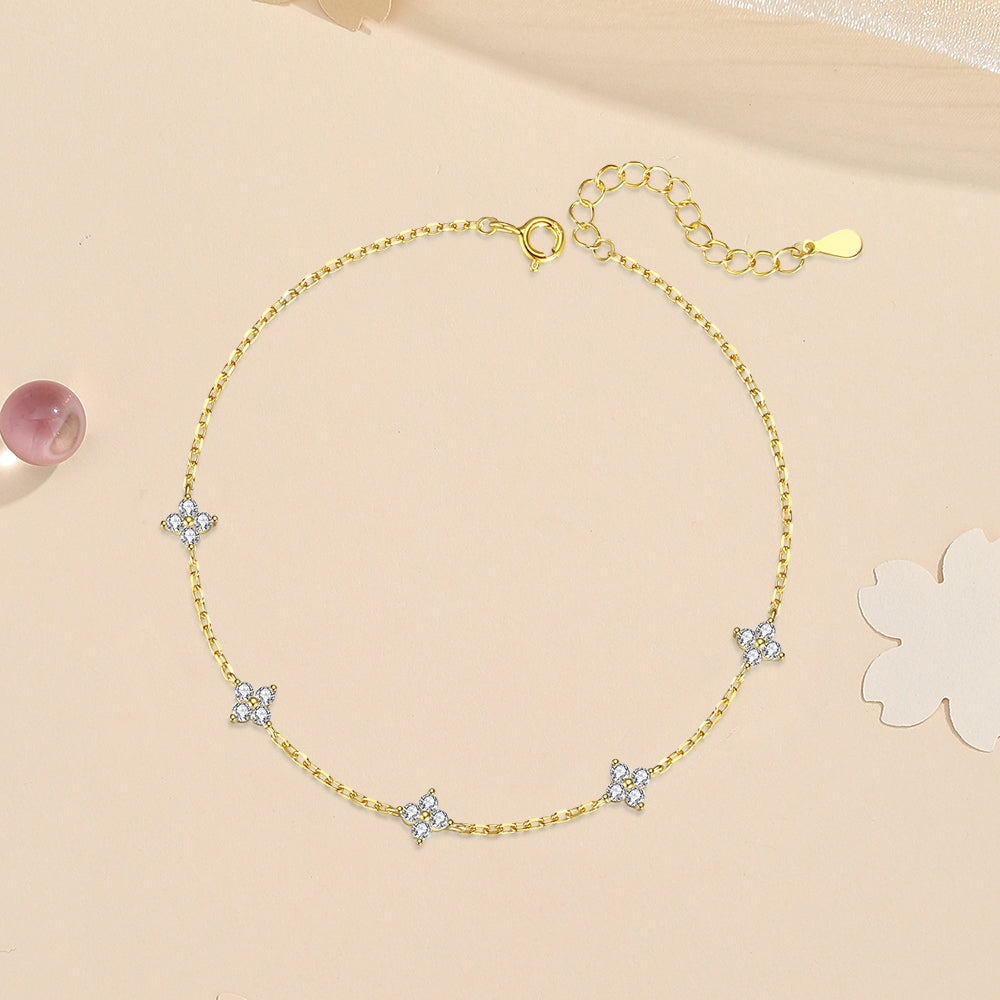 Four Leaf Clover 925 Sterling Silver Zircon Anklet