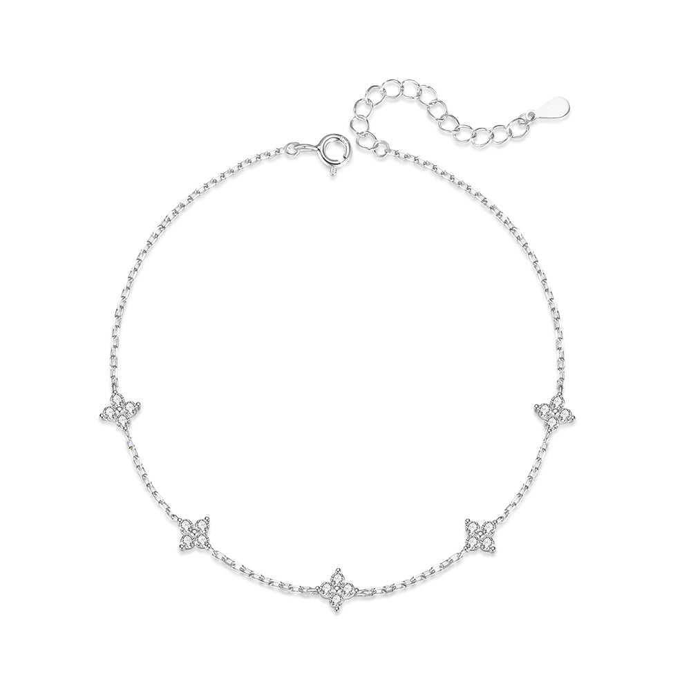 Four Leaf Clover 925 Sterling Silver Zircon Anklet