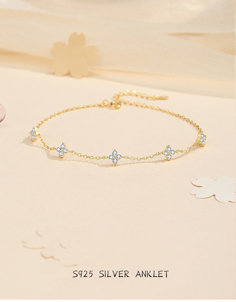 Four Leaf Clover 925 Sterling Silver Zircon Anklet