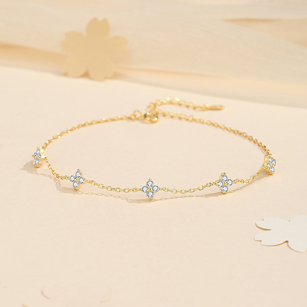 Four Leaf Clover 925 Sterling Silver Zircon Anklet