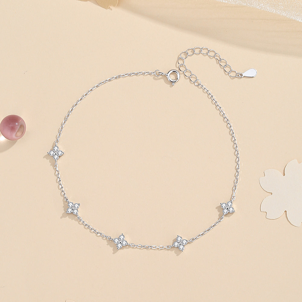 Four Leaf Clover 925 Sterling Silver Zircon Anklet