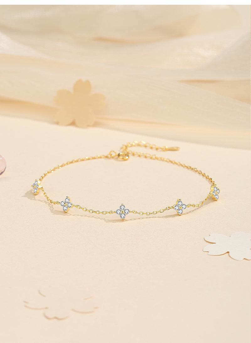 Four Leaf Clover 925 Sterling Silver Zircon Anklet
