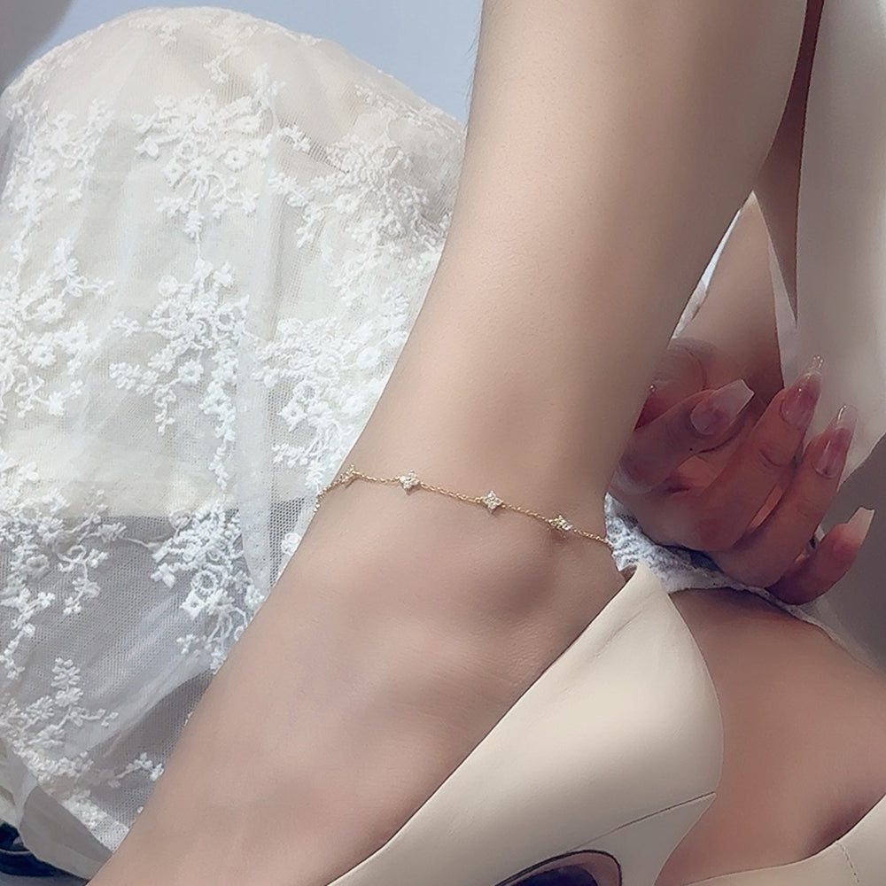 Four Leaf Clover 925 Sterling Silver Zircon Anklet