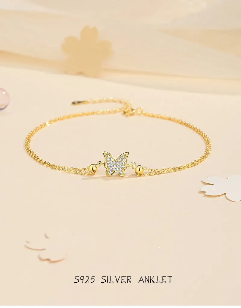 Korean Style Butterfly 925 Sterling Silver Zircon Anklet