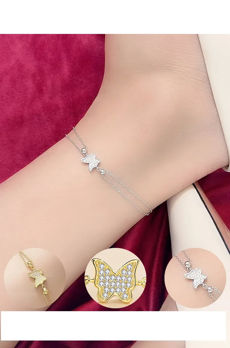Korean Style Butterfly 925 Sterling Silver Zircon Anklet
